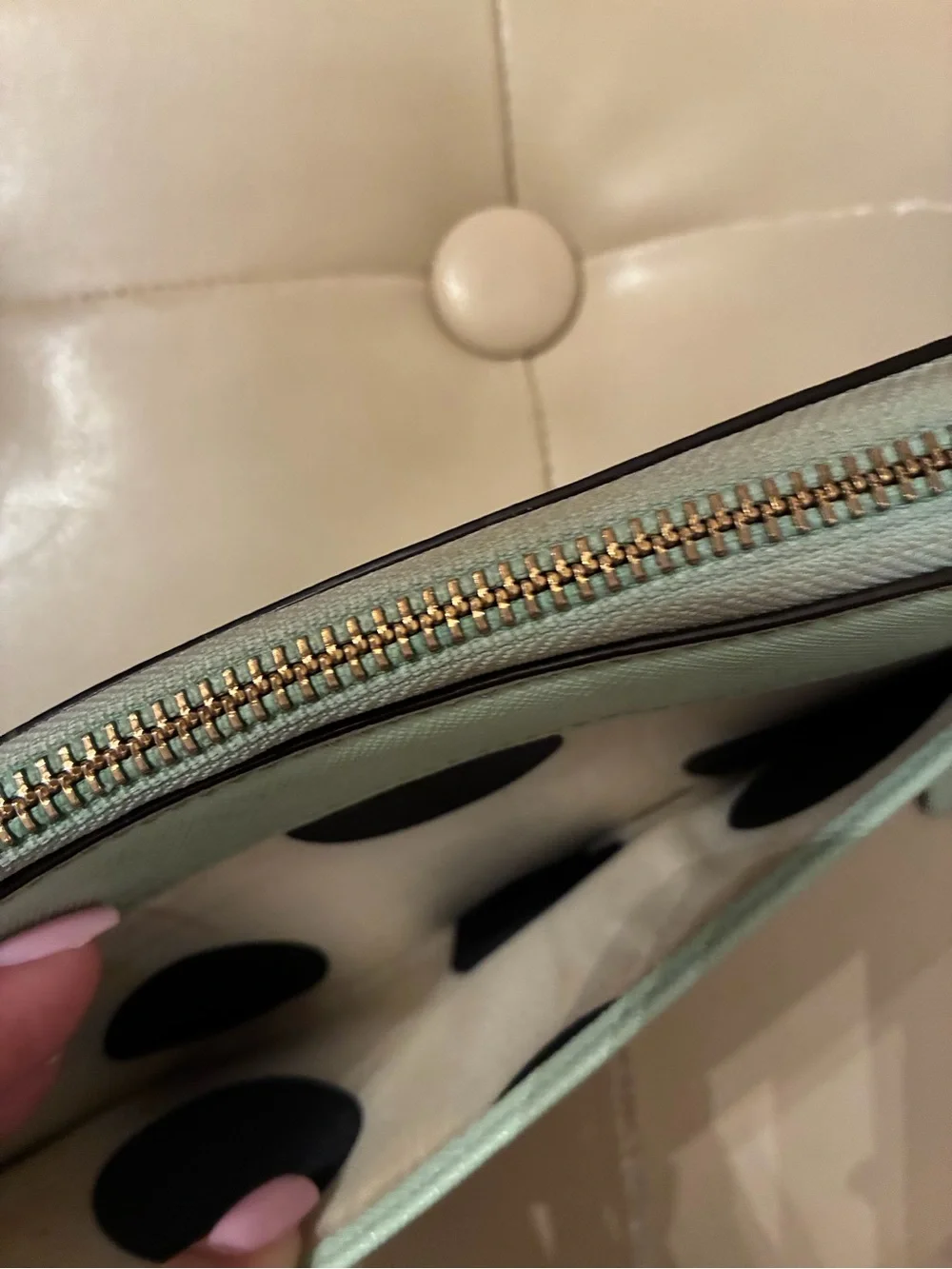 kate spade mint green zip-around leather wallet with gold logo